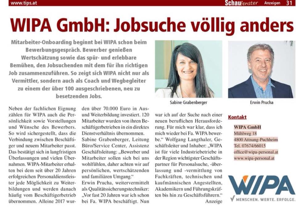 You are currently viewing WIPA in den Tips – „Jobsuche völlig anders!“